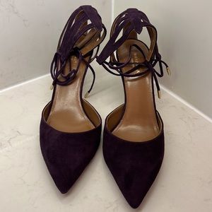 Aquazzura Style Amanda 75 Dark Orchid suede with ankle straps.
